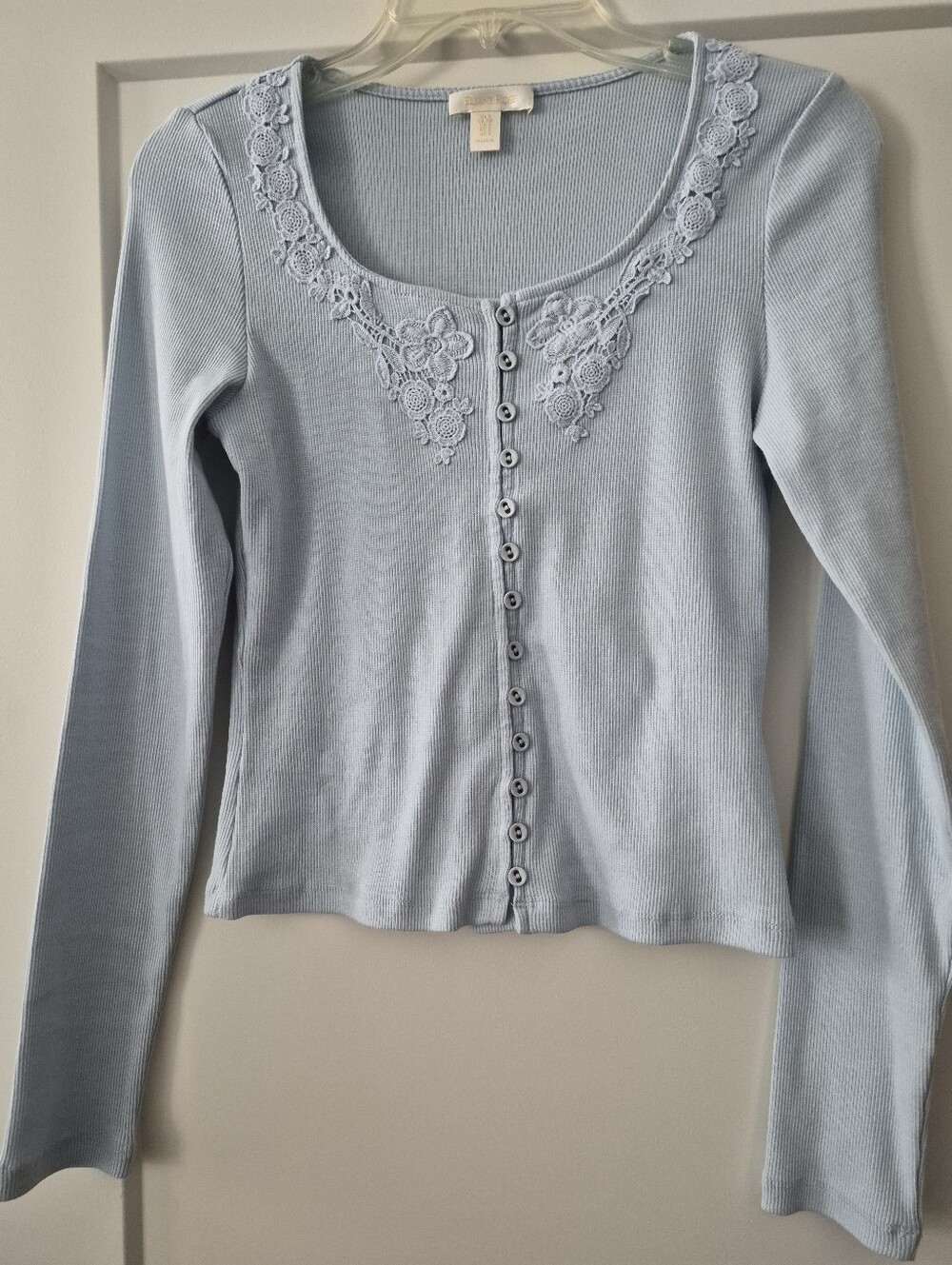 Light Blue Lace-Trim Ribbed Button-Front Women's Top